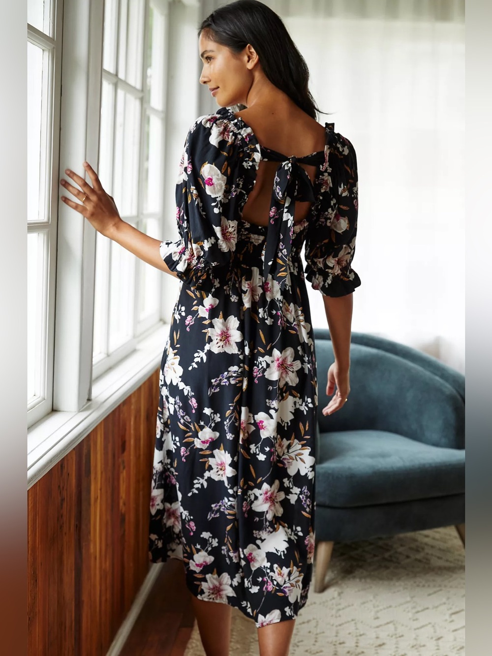By Anthropologie Puff-Sleeve Smocked Midi Dress in Black Floral Size XL - Picture 2 of 5